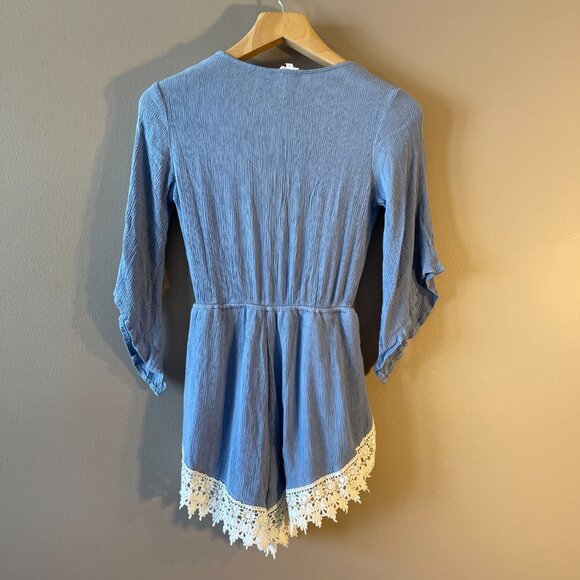 Women's S Tea & Cup White Lace Trim Romper Light Blue Romantic - Picture 8 of 11